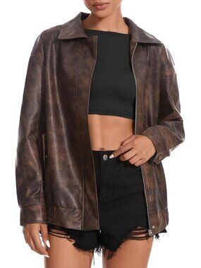 Women's Brown Poly urethane Oversized Motorcycle Zipper Casual Leather Jacket
